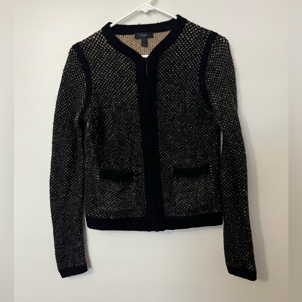 J. Crew Wool Blend Black and Tan Honeycomb Textured Cardigan “Lady Jacket”